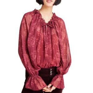 STEELE Anthropologie Laurelyn Sheer Floral Tie Neck Boho Blouse Burgundy Large